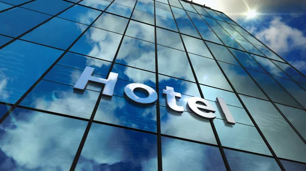 Hotel glazen wolkenkrabber met gespiegelde hemel — Stockfoto