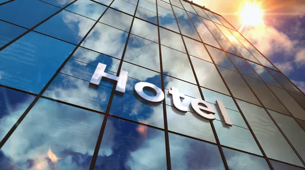Hotel glazen wolkenkrabber met gespiegelde hemel — Stockfoto