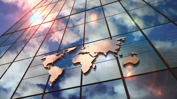 World Map sign on glass skyscraper with mirrored sky illustratio