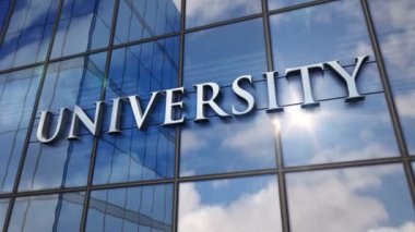 Üniversite cam binası. Modern cephede aynalı gökyüzü ve şehir. Eğitim, bilgi, shool konsepti 3D canlandırma animasyonu.