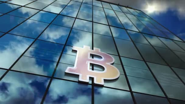 Bitcoin Blockchain Tecnología Construcción Vidrio Cielo Reflejado Fachada Moderna Cyber — Vídeo de stock