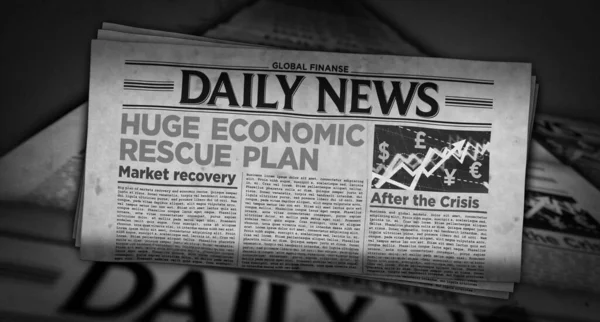 ウイルスのパンデミック 危機と市場回復のニュース毎日の新聞印刷後の経済救助計画 レトロなスタイルの黒と白の3Dイラスト ヴィンテージ紙媒体プレス抽象的な概念 — ストック写真