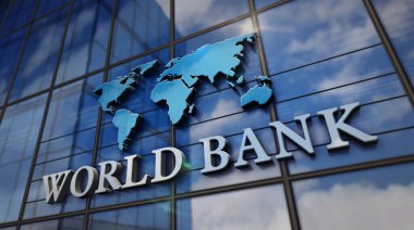 Cam inşaatı üzerine Dünya Bankası. Aynalı gökyüzü ve şehrin modern yüzü. Küresel sermaye, işletme, finans, ekonomi, bankacılık ve para konsepti 3 boyutlu resimleme.