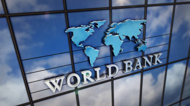 Cam inşaatı üzerine Dünya Bankası. Aynalı gökyüzü ve şehrin modern yüzü. Küresel sermaye, işletme, finans, ekonomi, bankacılık ve para konsepti 3 boyutlu resimleme.
