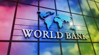 Cam inşaatı üzerine Dünya Bankası. Aynalı gökyüzü ve şehrin modern yüzü. Küresel sermaye, işletme, finans, ekonomi, bankacılık ve para konsepti 3 boyutlu resimleme.