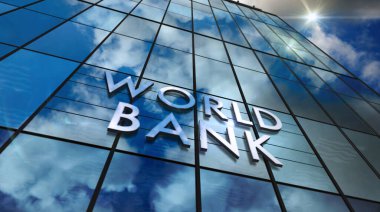 Cam inşaatı üzerine Dünya Bankası. Aynalı gökyüzü ve şehrin modern yüzü. Küresel sermaye, işletme, finans, ekonomi, bankacılık ve para konsepti 3 boyutlu resimleme.