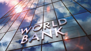 Cam inşaatı üzerine Dünya Bankası. Aynalı gökyüzü ve şehrin modern yüzü. Küresel sermaye, işletme, finans, ekonomi, bankacılık ve para konsepti 3 boyutlu resimleme.