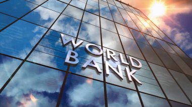 Cam inşaatı üzerine Dünya Bankası. Aynalı gökyüzü ve şehrin modern yüzü. Küresel sermaye, işletme, finans, ekonomi, bankacılık ve para konsepti 3 boyutlu resimleme.
