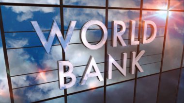 Cam inşaatı üzerine Dünya Bankası. Aynalı gökyüzü ve şehrin modern yüzü. Küresel sermaye, işletme, finans, ekonomi, bankacılık ve para konsepti 3 boyutlu resimleme.