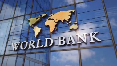 Cam inşaatı üzerine Dünya Bankası. Aynalı gökyüzü ve şehrin modern yüzü. Küresel sermaye, işletme, finans, ekonomi, bankacılık ve para konsepti 3D canlandırma animasyonu.