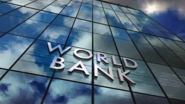 Cam inşaatı üzerine Dünya Bankası. Aynalı gökyüzü ve şehrin modern yüzü. Küresel sermaye, işletme, finans, ekonomi, bankacılık ve para kavramı pürüzsüz ve çevrilebilir 3D canlandırma.