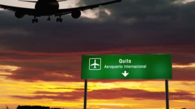Quito, Ekvador 'a uçak silueti iniyor. Havaalanı yön tabelasıyla ve arka planda gün batımıyla şehre vardık. Trip ve ulaşım konsepti 3D animasyon.