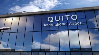Quito, Ekvador 3D 'ye jet uçağı iniyor. Cam havaalanı terminali ve uçağın yansıması ile şehre varış. Seyahat, iş, turizm ve ulaşım kavramı.