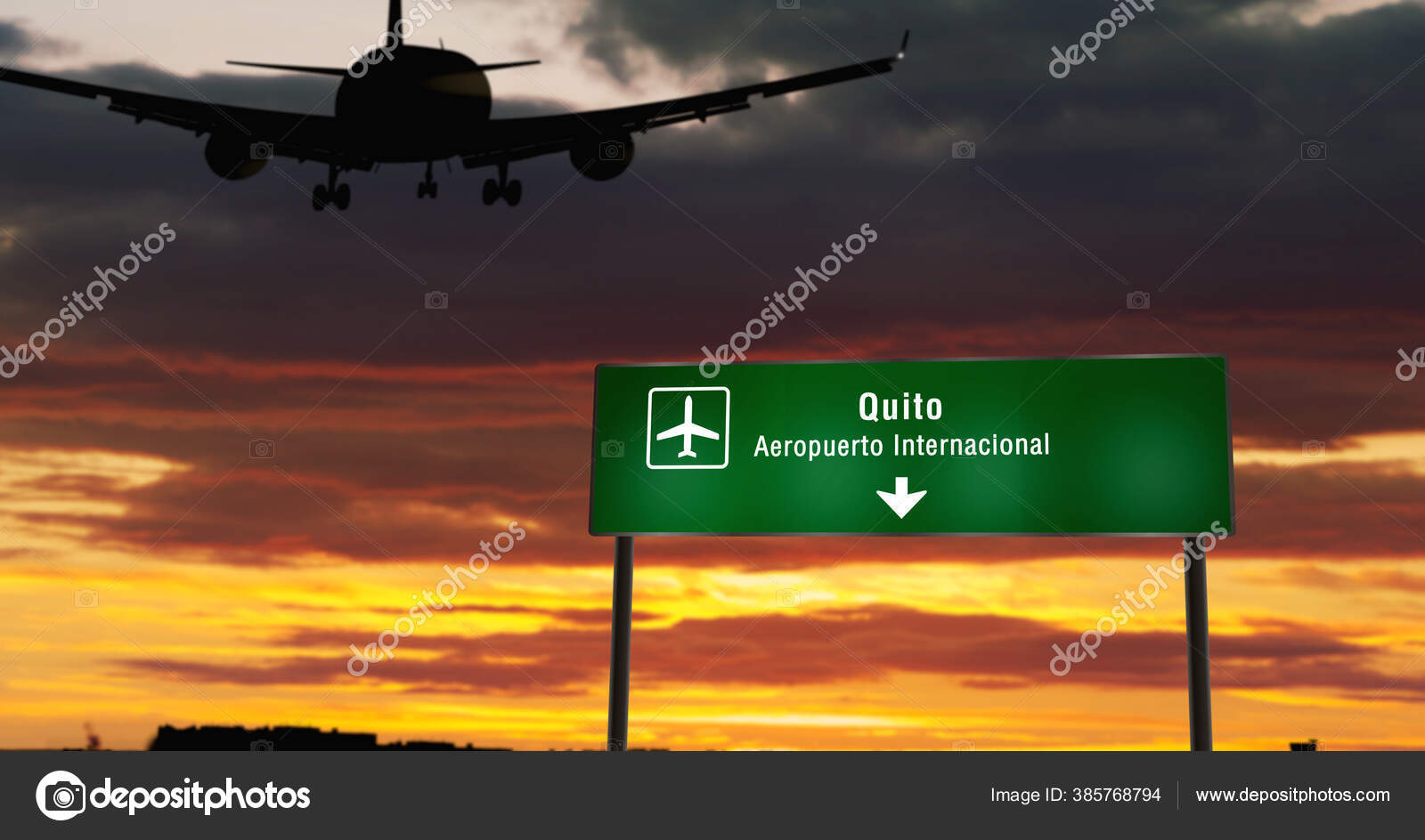 Airplane Silhouette Landing Quito Ecuador City Arrival Airport Direction Signboard Stock Photo C Skorzewiak 385768794