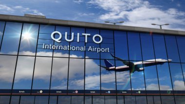 Quito, Ekvador 3D 'ye bir jet uçağı iniyor. Cam havaalanı terminali ve uçağın yansıması ile şehre varış. Seyahat, iş, turizm ve ulaşım kavramı.