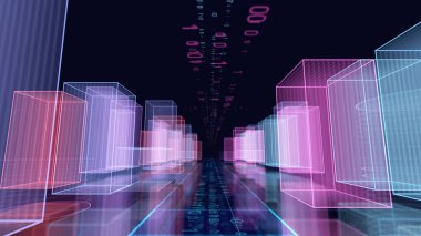 Tırpancıların üzerindeki sanal hava aracından siber şehir görüntüsü. Soyut hologram binaları 3 boyutlu resimleme. Fütürist dijital arkaplan.