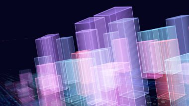 Tırpancıların üzerindeki sanal hava aracından siber şehir görüntüsü. Soyut hologram binaları 3 boyutlu resimleme. Fütürist dijital arkaplan.