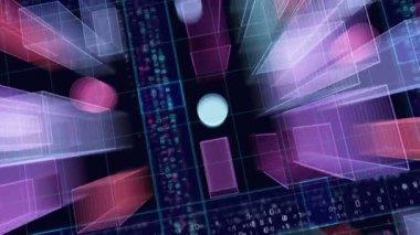 Tırpanların üzerinde uçan sanal bir dronun siber şehir hava görüntüsü. Soyut hologram binaları 3 boyutlu kusursuz döngü canlandırması. Gelecekçi dijital döngü arkaplanı.