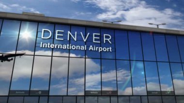 Jet uçakları Denver, Colorado 'ya iniyor, ABD 3D canlandırma. Cam havaalanı terminali ve uçağın yansıması ile şehre varış. Seyahat, iş, turizm ve ulaşım kavramı.