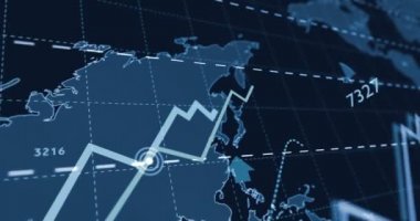 İş büyütme çizelgesi. Arka planda dünya haritası olan koyu mavi grafik. 3D animasyon. İş, başarı, borsa, yükselen piyasa, mali ve ekonomi diyagramı soyut kavram.