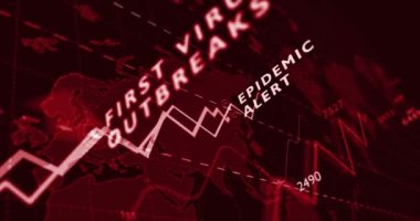 Küresel salgın kırmızı çizelgesi. Dünya haritasında görülme oranı artışının grafiği. Arka plan döngüsüz 3D animasyon. Virüs salgını, sağlık istatistikleri ve koronavirüs enfeksiyonu kavram diyagramını artırıyor.