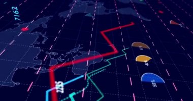 Küresel kriz şeması Mavi dünya haritasının arka planında 3D animasyon çizelgesi. İş durgunluğu, ayı pazarı, borsa, finansal kayıp, ekonomi düşüşü soyut konsept diyagramı.