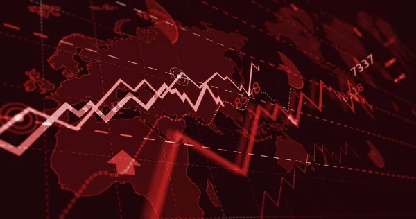 Gráfico Vermelho Crise Global Gráfico Para Baixo Mundo Mapa Fundo — Fotografia de Stock
