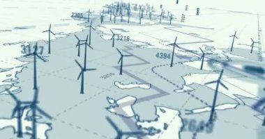 Rüzgar elektrikli türbin. Ekolojik enerji üretimi, yenilenebilir yeşil enerji, iklim ısınması ve arka planda dünya haritası olan gezegen güvenliği konsepti. Kusursuz ve çevrilebilir grafik 3d canlandırması.