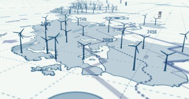 Rüzgar elektrikli türbin. Ekolojik enerji üretimi, yenilenebilir yeşil enerji, iklim ısınması ve arka planda dünya haritası olan gezegen güvenliği konsepti. Grafik 3d illüstrasyon.