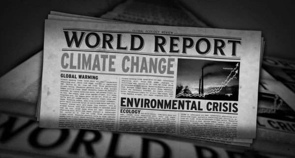 Climate change world report, global warming, ecology and environmental crisis news. Daily newspaper print. Vintage paper media press production abstract concept. Retro style 3d rendering illustration.