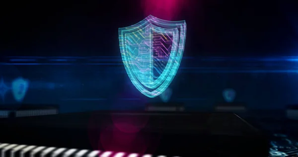 Cyber security. Digital shield, firewall and computer protection technology. Futuristic concept 3D symbol flying over the working computer board circuit. Abstract background illustration.