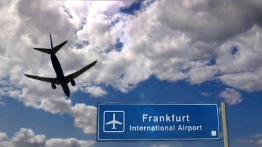 Uçak silueti Frankfurt, Almanya, Avrupa 'ya iniyor. Uluslararası havaalanı yön tabelasıyla ve mavi gökyüzüyle şehir gelişi. Seyahat, seyahat ve ulaşım konsepti 3D illüstrasyon.