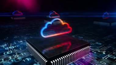 Dijital bilgisayar bulut sembolü. Siber teknoloji, internet veri depolama, bilgisayar, veritabanı ve mobil sunucu soyut kavramı. 3 boyutlu kamera çalışan bilgisayarın içindeki devre üzerinde uçuyor..