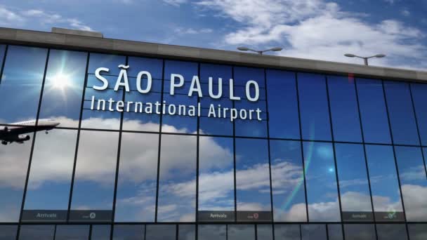 喷气式飞机在圣保罗着陆 巴西3D渲染动画 带着玻璃机场候机楼和飞机的倒影到达城市 旅游和运输概念 — 图库视频影像