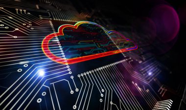 Dijital bilgisayar bulut sembolü. Siber teknoloji, internet veri depolama, bilgisayar, veritabanı ve mobil sunucu soyut kavramı. Üretim hattı 3D resimleme. Lazer yakan fabrika.