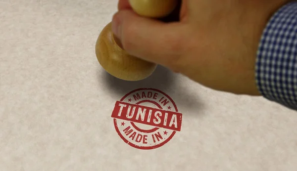 Виробляється Тунісі Печаткою Штампуванням Руки Фабрика Виробництво Виробництво Країни Концепції — стокове фото