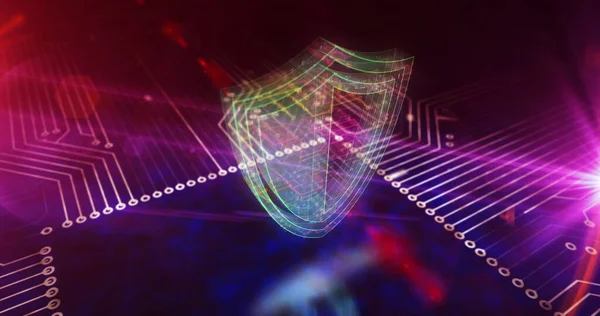 Cyber security. Digital shield, firewall and computer protection technology. Futuristic concept 3D symbol over the working computer board circuit. Abstract background illustration.