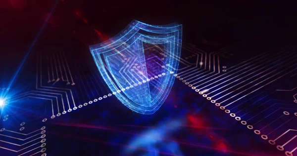 Cyber security. Digital shield, firewall and computer protection technology. Futuristic concept 3D symbol over the working computer board circuit. Abstract background illustration.