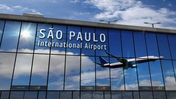在圣保罗着陆的喷气式飞机 巴西3D演示 带着玻璃机场候机楼和飞机的倒影到达城市 商业和运输概念 — 图库照片