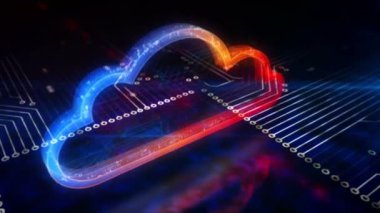 Dijital bilgisayar bulut sembolü. Siber teknoloji, internet veri depolama, veritabanı ve sunucu soyut kavramı. Kamera, bilgisayarın içinde 3 boyutlu bir simge etrafında sanal vinçte. Kusursuz döngüsüz canlandırma.