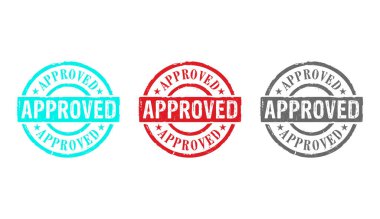 Birkaç renkli versiyonda onaylanmış pul simgeleri. Bulundu, kabul edildi, kabul edildi ve başarı konsepti.