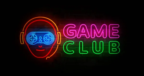 游戏俱乐部的砖墙上有游戏玩家的霓虹灯符号 带有视频游戏和Esport的灯泡 摘要概念说明 — 图库照片