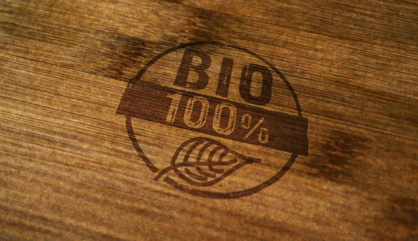 100 Bio Selo Impresso Caixa Madeira Ecologia Meio Ambiente Alimentos — Fotografia de Stock