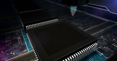 Yapay zeka, sibernetik beyin, makine ağı teknolojisi. Fütüristik işlemci yapımı 3d döngüsüz dikişsiz kavramsal animasyon. Yapay zeka sembollü bilgisayar fabrikası yanıyor.