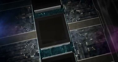 Yapay zeka, sibernetik beyin, küresel makine ağı teknolojisi. Fütüristik işlemci yapımı 3d döngüsüz dikişsiz kavramsal animasyon. İşlemci fabrikası ve yanan sembol.