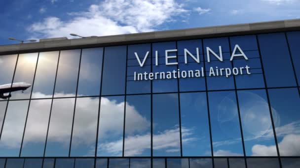 Αεροσκάφος Προσγειώνεται Στη Βιέννη Αυστρία Animation Άφιξη Στην Πόλη Γυάλινο — Αρχείο Βίντεο