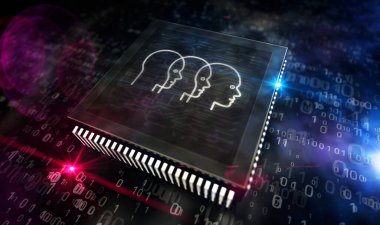 Yapay zeka, sibernetik beyin ve küresel makine ağı teknolojisi kavramı. Bilgisayar devresi üzerinde gelecekteki üç boyutlu simge. Soyut arkaplan illüstrasyonu.