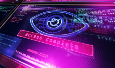 Bilgisayar ekranında casusluk sembolü. Hackleme, kontrol, gözetleme, denetleme, dijital canlandırma ve gizlilik kavramının 3 boyutlu illüstrasyonunu ihlal.