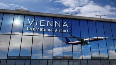 Avusturya, Viyana 'ya Jet uçakları iniyor. Cam havaalanı terminali ve uçağın yansıması ile şehre varış. Seyahat, iş, turizm ve ulaşım kavramı.