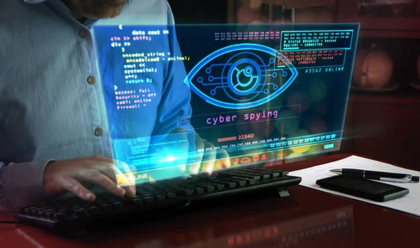 Hacker Ataque Espía Con Ojo Cibernético Pantalla Computadora Hacking Control — Foto de Stock